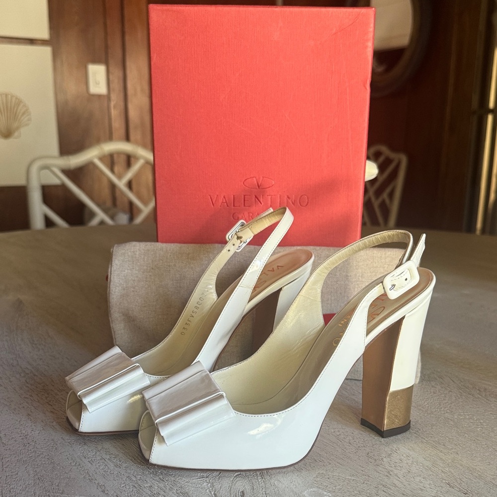 Valentino White Patent Slingback Bow
